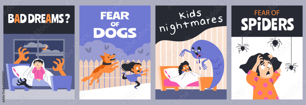 Banners of childhood fears and nightmares set, flat vector illustration.
