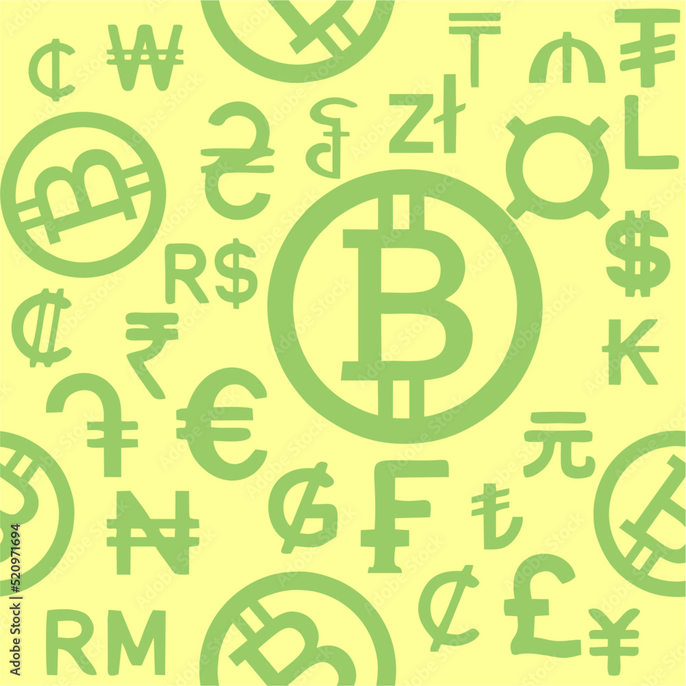Obraz premium seamless green pattern of graphic symbols of different currencies of the world on a yellow background, texture, design