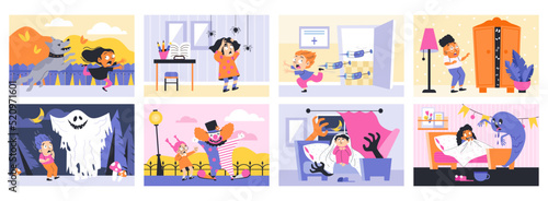 Common childhood fears and phobias banners collection, flat vector illustration.