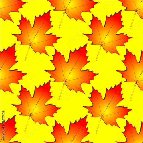 seamless symmetrical pattern of autumn maple leaves on a yellow background, texture, design