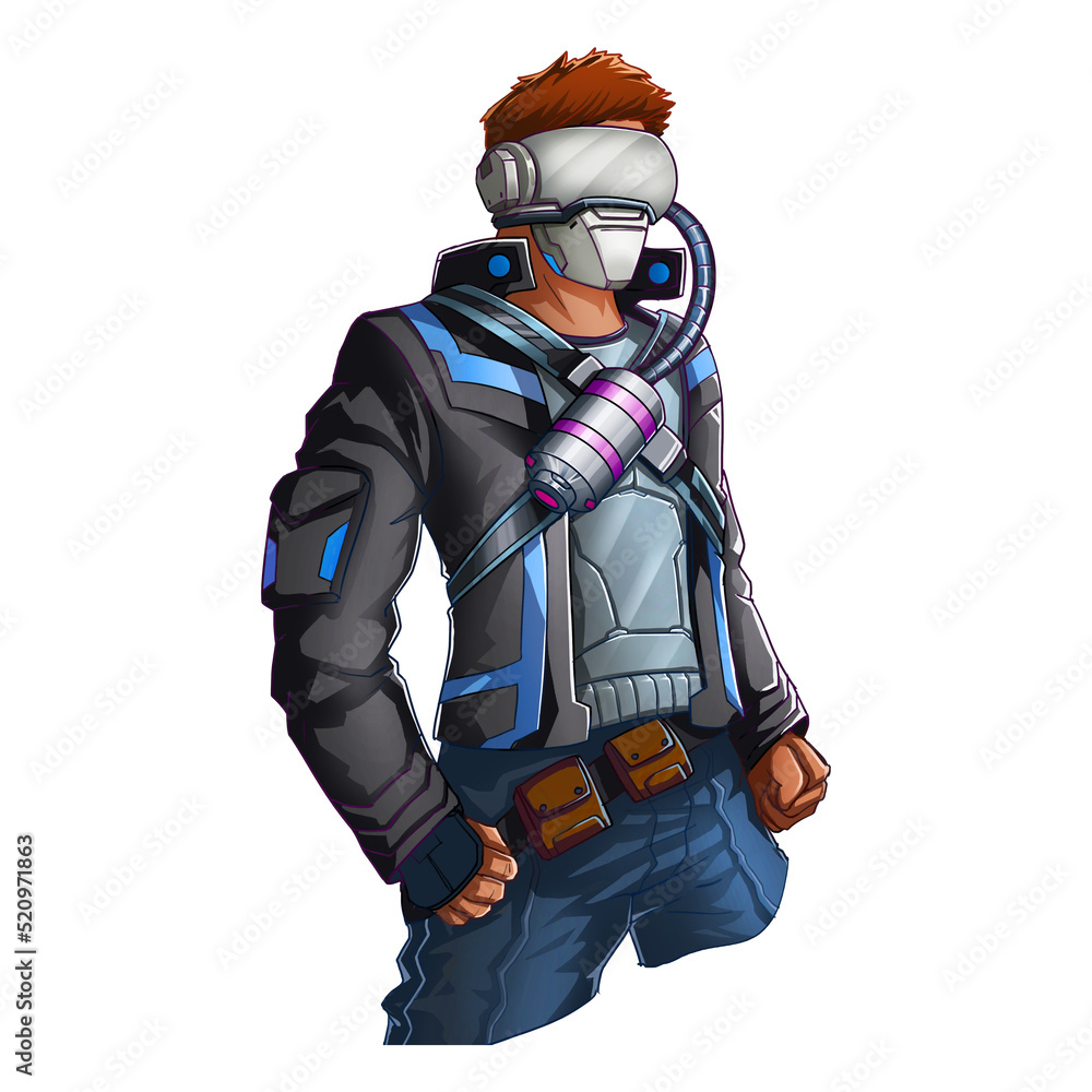 Cool Guy with Oxygen Mask. His Hair are Brown. He is a Spacewalker. Concept Art. Book Illustration Clipart. Video Game Characters. Serious Digital Painting. CG Artwork.