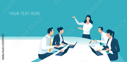 Business illustration template with copy space. The female manager points to the text. The team sits around the table. Vector illustration. 
