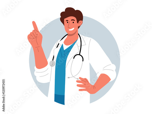 Smiling doctor with stethoscope pointing with finger.Vector flat