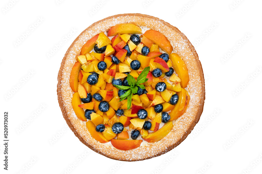 Tasty pie with peaches, blueberries and mint isolated Tasty pie with peaches, blueberries and mint isolated