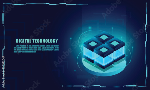 Vector realistic 3d cubes with blue glowing on dark blue background.