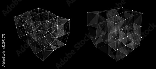 Set of deformed wireframe cube from different sides. Vector abstract geometric 3D objects. Technology block chain network connection.