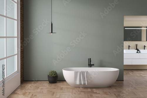 Interior of modern bathroom with beige and green walls  wooden floor  bathtub  plants  double sink standing on wooden countertop and a square mirror hanging above it. 3d rendering 