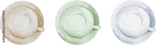 Watercolor set of three empty white coffee cups in saucer on white background