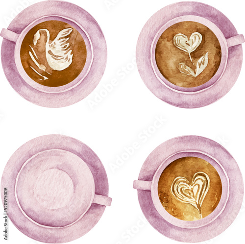 Watercolor set of pink coffee cups with heart sign and latte art top view collection isolated on white background.