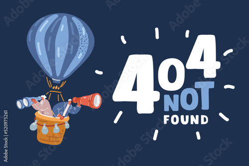 Cartoon vector illustration of People hiring air, balloon. Happy smiling woman and man riding on aerostat and viewing something or somebody birds-eye. Searching for 404 page. Non found