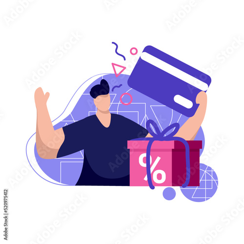 cashback prepaid card icon flat Illustration for get vouchers discounts, reward program color blue, orange, black, yellow, perfect for ui ux design, ecommerce, branding shopping sale, advertising