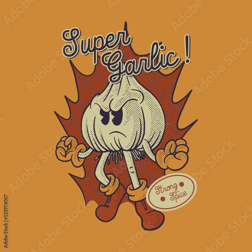 Cartoon illustration of super garlic with retro style