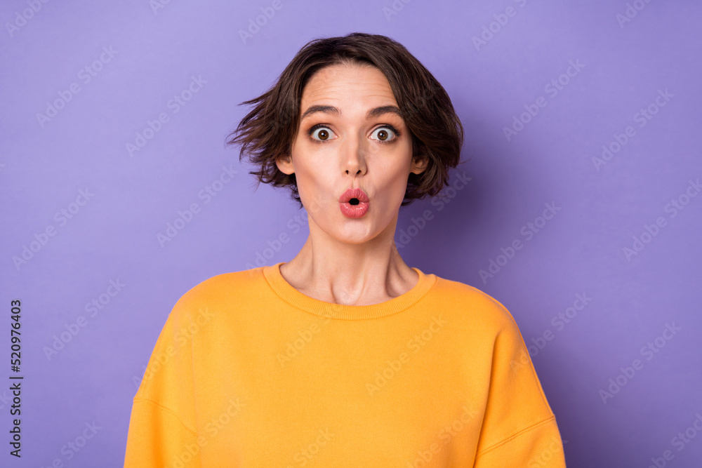 Portrait of shocked young person pouted lips look speechless cant believe isolated on purple color background Portrait of shocked young person pouted lips look speechless cant believe isolated on purple color background