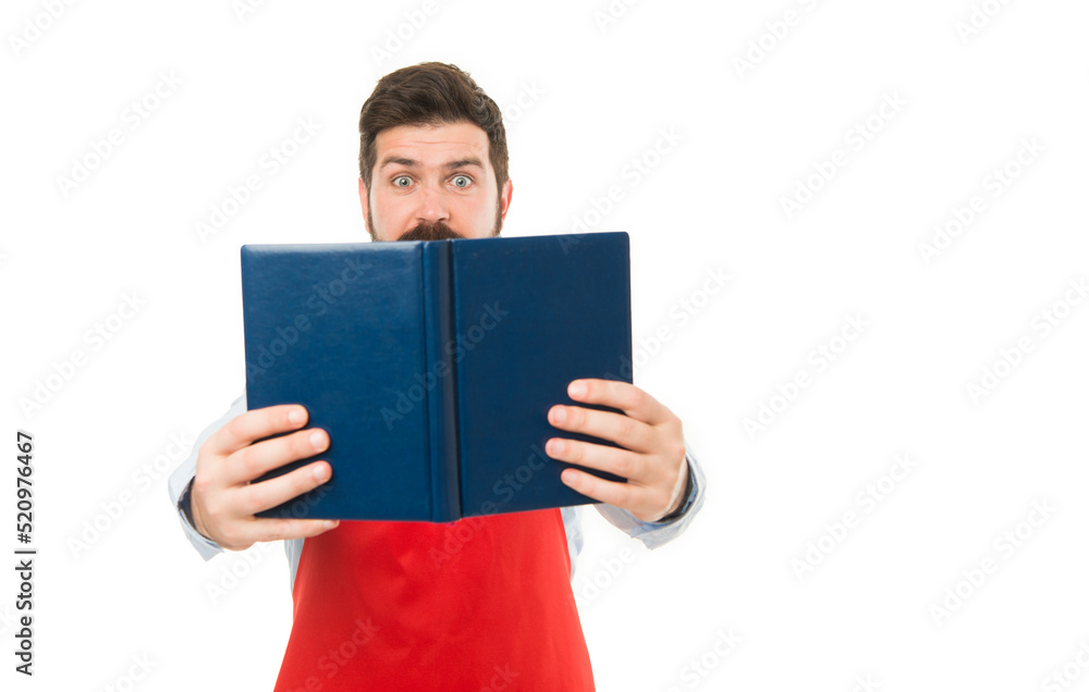 surprised man husband learn cooking. Culinary school. menu planning. shocked chef in apron dont know what to do. catering business. seating plan. man with recipe book. cafe and restaurant opening surprised man husband learn cooking. Culinary school. menu planning. shocked chef in apron dont know what to do. catering business. seating plan. man with recipe book. cafe and restaurant opening