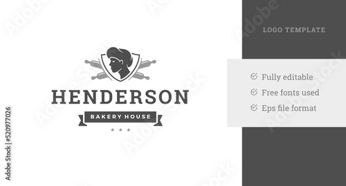 Monochrome bakery vintage logo design template chef head in shield with crossed rolling pins vector
