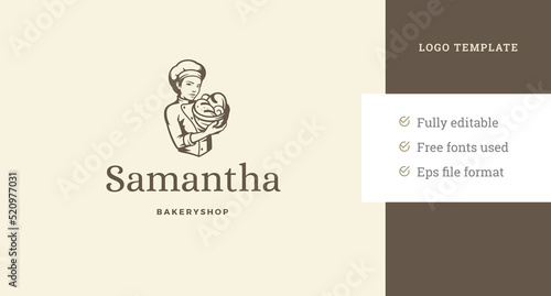 Woman chef holding basket fresh cooked pastry confectionery vintage logo design template vector