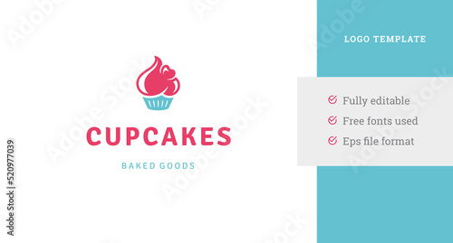 Pink bakery logo minimalist design template vector illustration. Appetizing creamy cupcake
