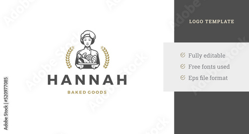 Monochrome bakery logo design template woman chef with cereal ears of wheat vector illustration