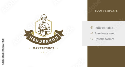 Smiling male confectioner in hat holding fresh homemade bread bakery logo template design vector
