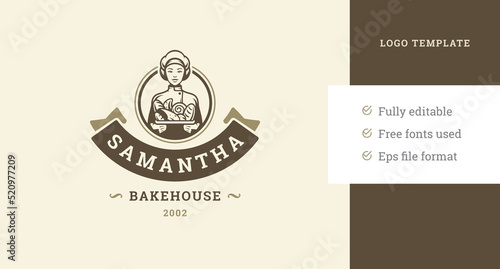 Woman chef in hat holding fresh cooked pastry food logo template design with festive ribbon vector