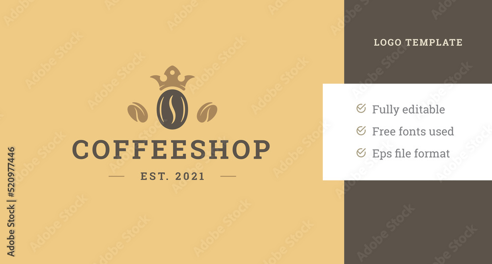 Minimalist coffee bean in medieval crown luxury cafe logo design template vector illustration