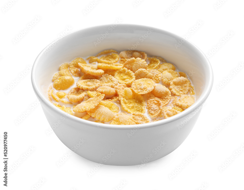Tasty corn flakes with milk in bowl isolated on white Tasty corn flakes with milk in bowl isolated on white