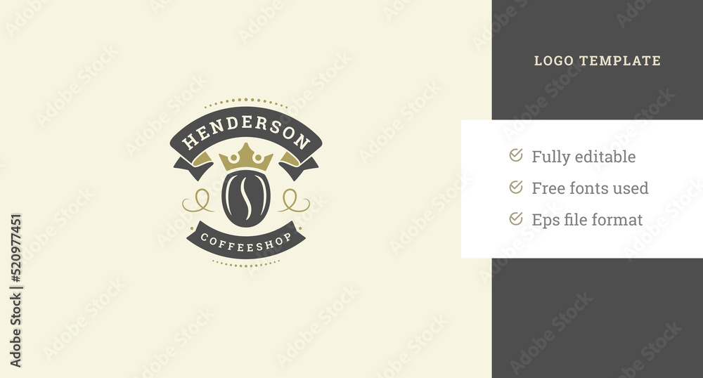 Luxury coffee bean in heraldic shield medieval crown coffeeshop logo template design vector Luxury coffee bean in heraldic shield medieval crown coffeeshop logo template design vector