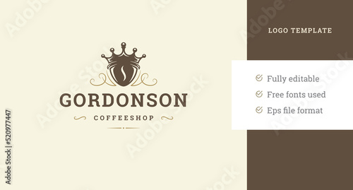 Premium coffee bean in heraldic crown vintage curved ornament logo design template vector