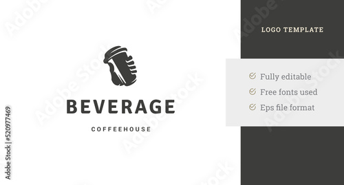 Monochrome human hand holding coffee paper cup morning beverage logo template design vector