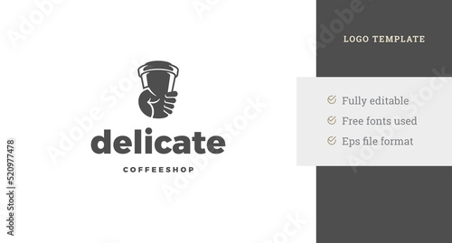 Hand holding coffee paper cup with lid black silhouette coffeeshop logo template design vector