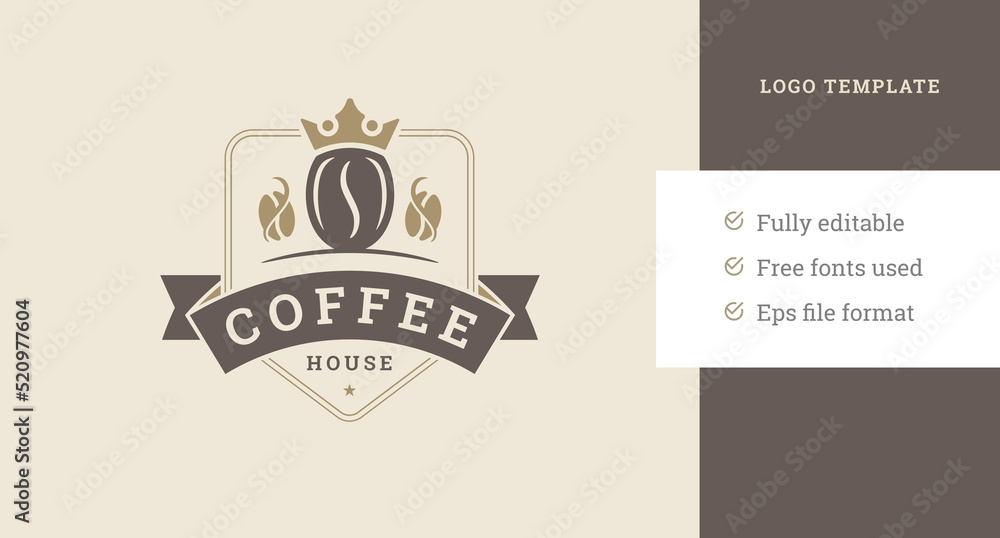 Luxury coffee bean in heraldic shield medieval crown coffeeshop logo template design vector