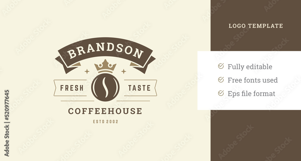 Coffeeshop vintage logo template design monochrome coffee bean in luxury medieval crown vector