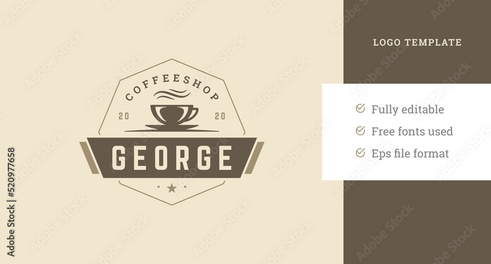 Geometric coffeeshop logo design template hot aroma beverage cup with festive ribbon vector