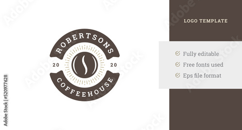 Vintage circle coffee bean with sun rays and festive ribbon decorative logo template design vector