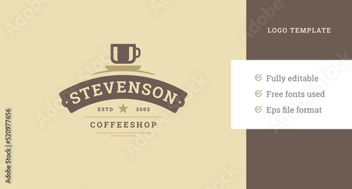 Minimalist coffee cup with curved frame coffeeshop logo design template vector illustration
