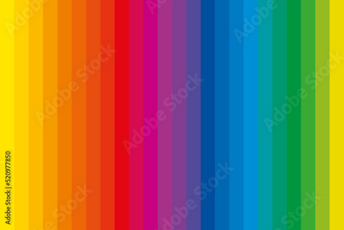 Color bars with complementary colors. Spectrum of 24 rainbow colored strips, unique color hues in a row, derived from a color wheel, being used in art and for paintings. Primary color mixing theory.
