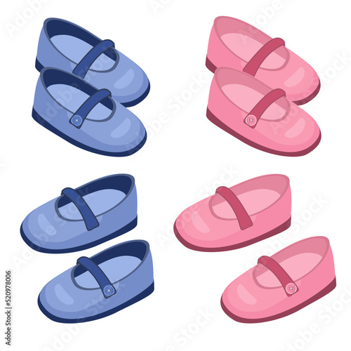 child shoes on white background, pink and blue isolated 