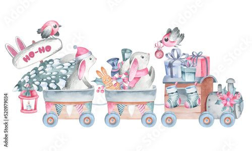 Christmas train with hares, gifts. watercolor Christmas illustration isolated on white background new year train with hares. Hand painted cartoon illustration for badge, stickers, postcards. © Elena
