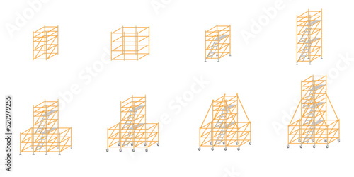 Mobile scaffolding, white background, used in construction areas.
