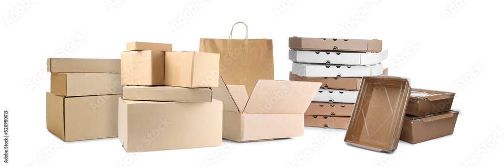 Set with different cardboard boxes and paper bag on white background. Banner design Set with different cardboard boxes and paper bag on white background. Banner design