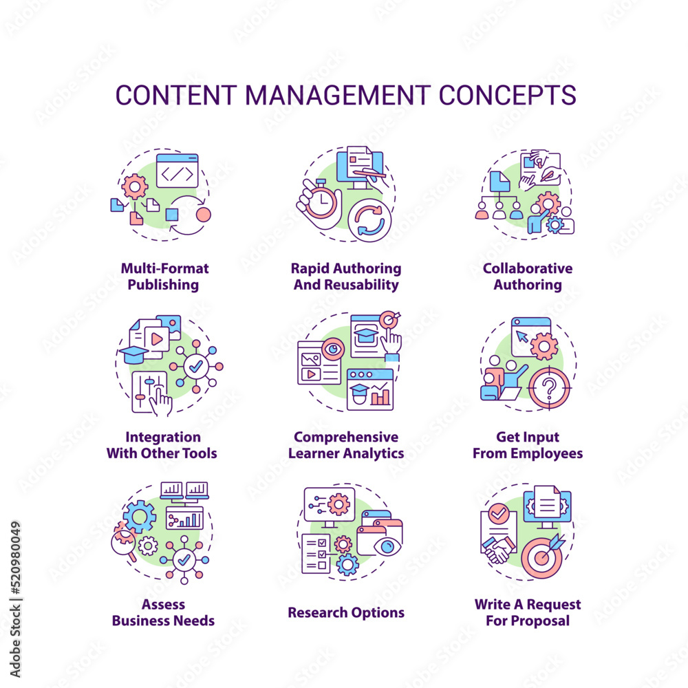 Content management concept icons set. LMS, CMS functionalities idea thin line color illustrations. Social media. Ecommerce. Isolated symbols. Editable stroke. Roboto-Medium, Myriad Pro-Bold fonts used