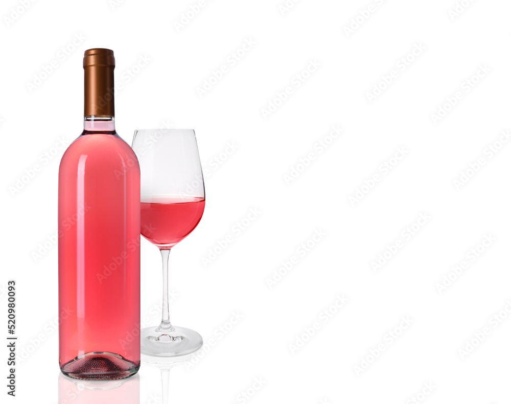 Bottle and glass of delicious rose wine on white background
