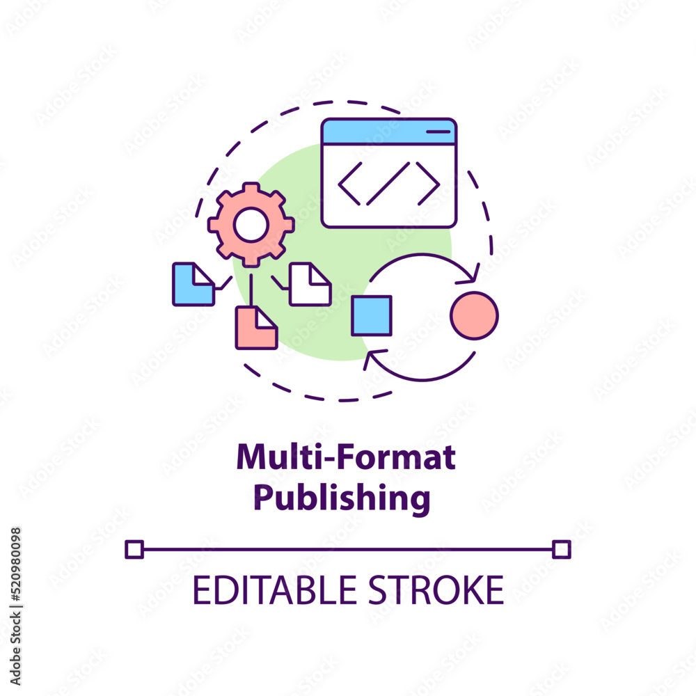 Multi-format publishing concept icon. LCMS feature abstract idea thin line illustration. Open-source software. Isolated outline drawing. Editable stroke. Arial, Myriad Pro-Bold fonts used