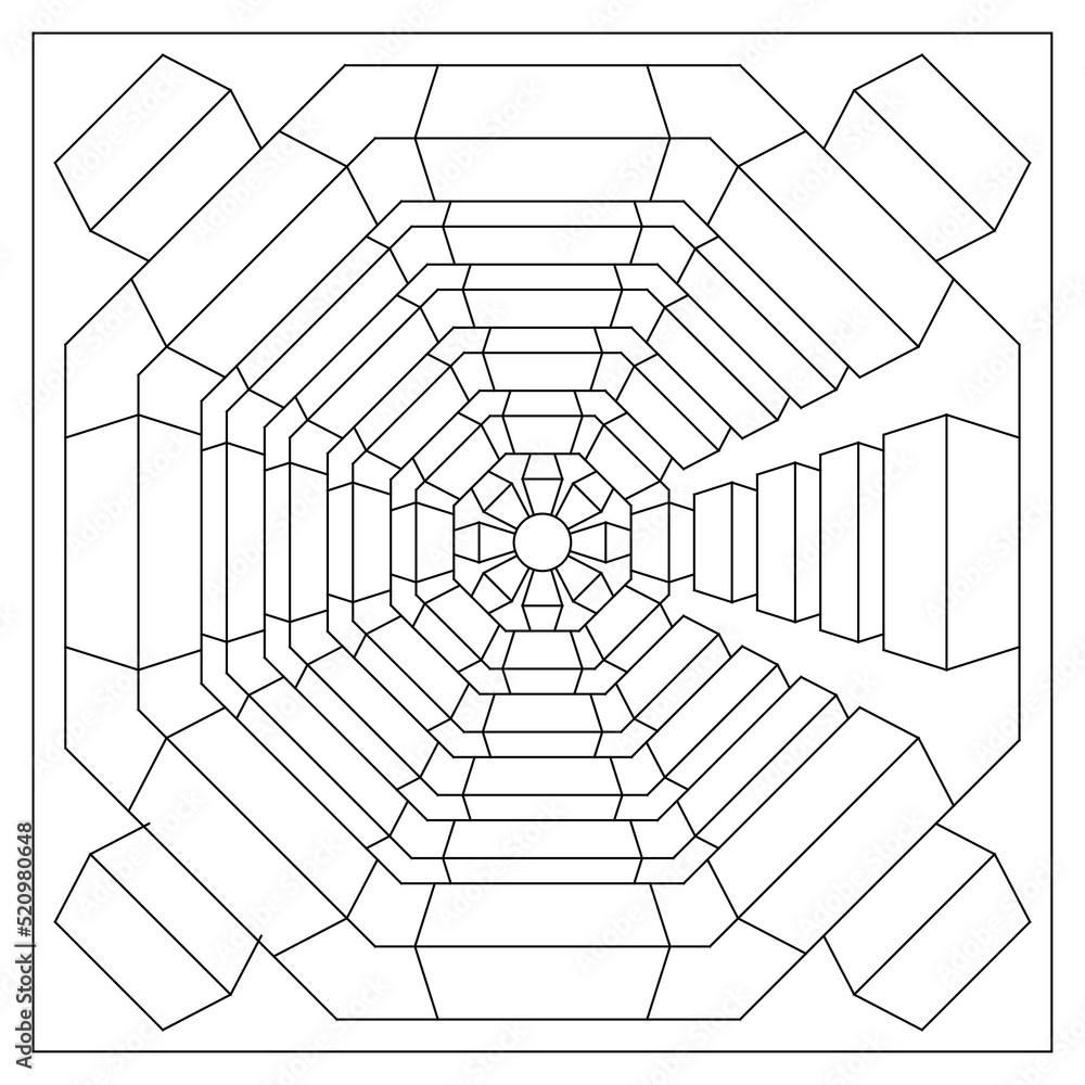 Decorative octagonal 3d doodle drawing from a stack of cubes in 8 directions for coloring pages for adults. Good mood. Relieve stress and anxiety. EPS8 #609