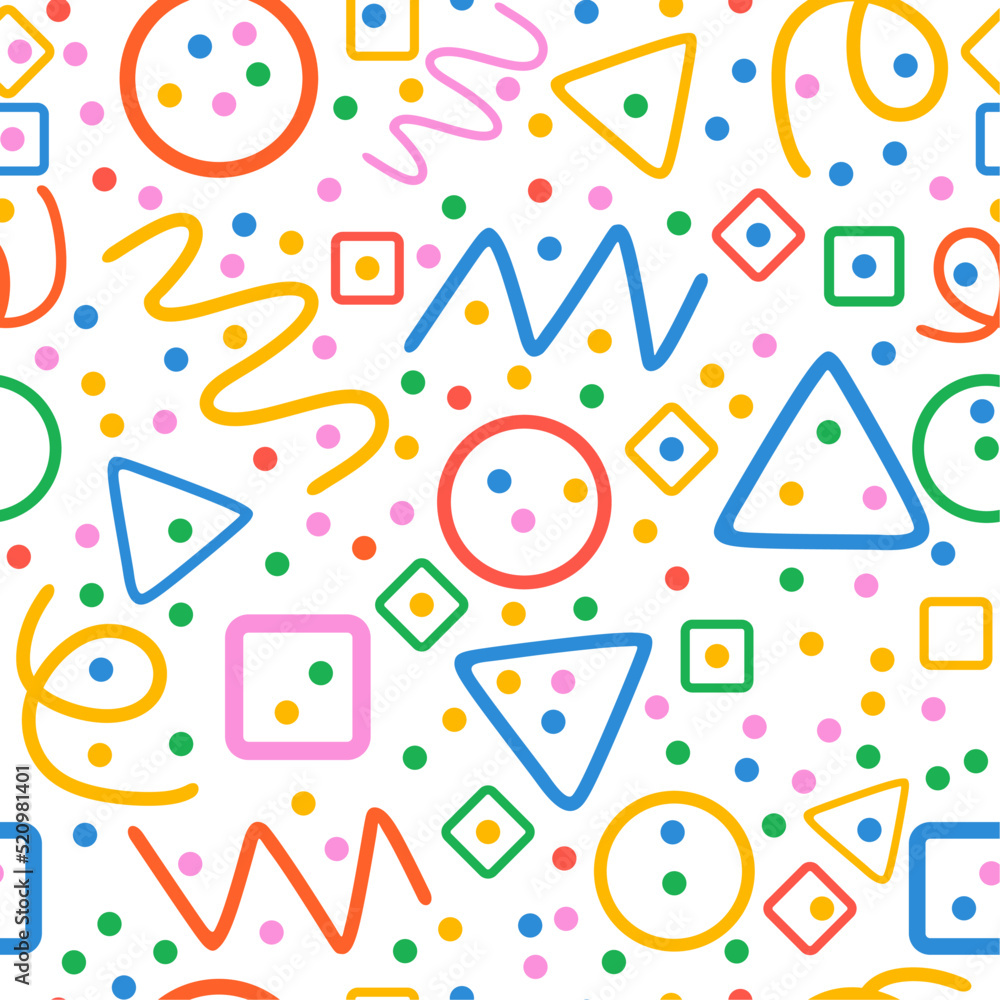Colorful seamless pattern. Circles, triangles, serpentine, dots, squares, rhombus and zigzag. Fun colorful line doodle shape background. Colorful seamless pattern. Circles, triangles, serpentine, dots, squares, rhombus and zigzag. Fun colorful line doodle shape background.