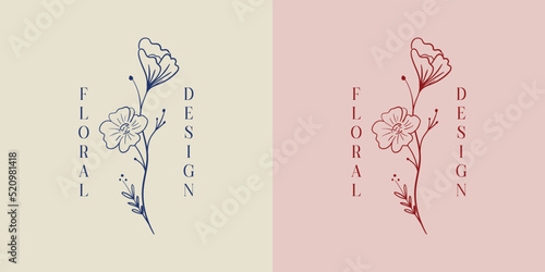 Botanical Floral element Hand Drawn Logo with Wild Flower and Leaves. Logo for spa and beauty salon, boutique, organic shop, wedding, floral designer, interior, photography, cosmetic.