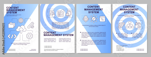 Content management platform blue gradient brochure template. Digital info. Leaflet design with linear icons. 4 vector layouts for presentation, annual reports. Arial, Myriad Pro-Regular fonts used