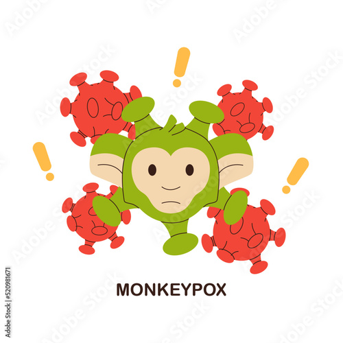 Sick monkey with pox virus. Monkeypox virus zoonotic, viral  infectious disease of animals, humans. Infect human, nonhuman primates. Ape face. Stop the virus from the poxvirus family for medical news