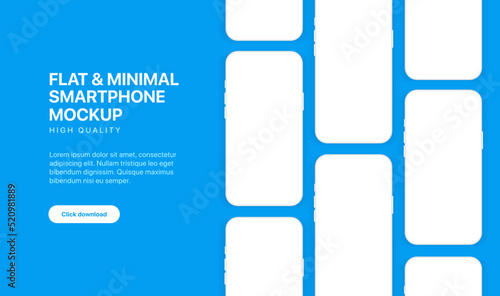 Realistic minimal flat smartphones mockup isolated with white blank screen. Smart phone mockup collection. Device front view. 3D mobile phone with shadow on white background.