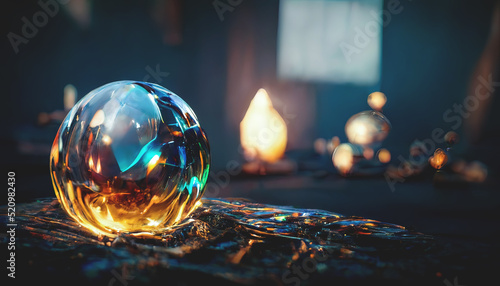 Magic glass ball. Neon light, neon. Fantasy ball, predictions of the future, divination. photo